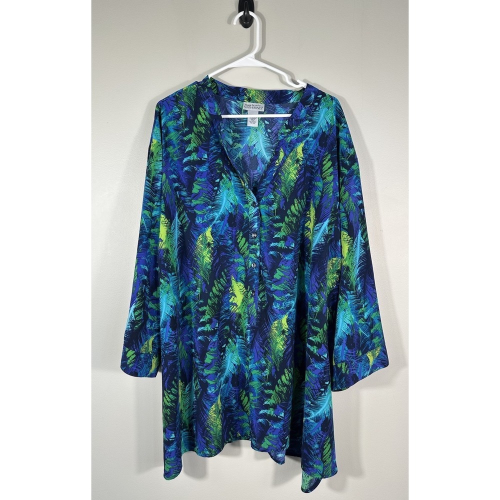 Maggie Barnes For Catherines Top Womens 5X Blue Green Colorful Tropical Tunic
